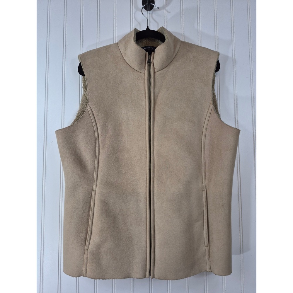 Lands End Womens Tan Faux Suede Sherpa Lined Full Zip Vest Medium 10-12